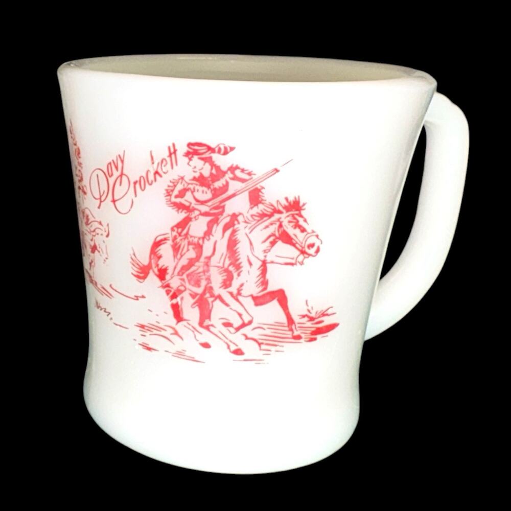 VTG Fire-King Milk Glass Davy Crockett Mug Cowboy Red Graphic Anchor Hocking